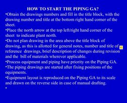 HOW TO START THE PIPING GA?
•Obtain the drawings numbers and fill in the title block, with the 
drawing number and title at t