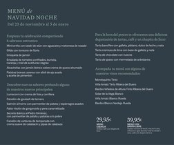 29,95€
MENÚ
ESENCIA
Incluye café y un chupito de 
licor.
39,95€
MENÚ CON
BARRA LIBRE
Incluye cerveza de barril, vino de la ca