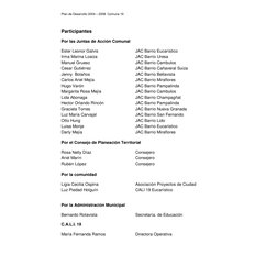 Plan de Desarrollo 2004 – 2008  Comuna 19 
Participantes 
 
Por las Juntas de Acción Comunal 
 
Ester Leonor Galvis  
 
 
JAC