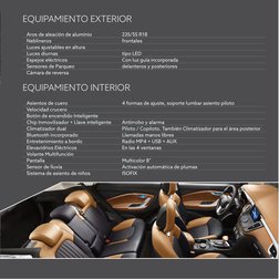 EQUIPAMIENTO EXTERIOR 
Aros de aleación de aluminio 
 
235/55 R18
Neblineros 
 
 
 
 
frontales
Luces ajustables en altura 
L