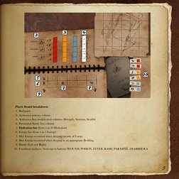 3
Player Board breakdown: 
1.	 Backpack
2.	 Ayahuasca potency column
3.	 Ayahuasca Stat modification columns (Strength, Stami