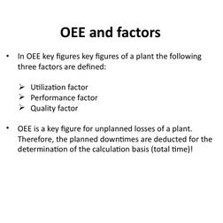 OEE and factors
•
In OEE key figures key figures of a plant the following 
three factors are defined:
Utilization factor
Pe