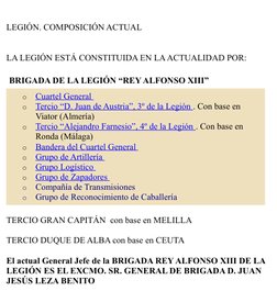 LEGIÓN. COMPOSICIÓN ACTUAL
LA LEGIÓN ESTÁ CONSTITUIDA EN LA ACTUALIDAD POR:
BRIGADA DE LA LEGIÓN “REY ALFONSO XIII”
o
Cuartel
