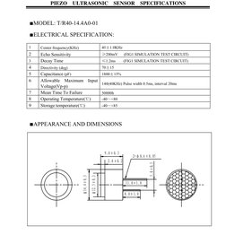 PIEZO  ULTRASONIC  SENSOR  SPECIFICATIONS 
 
 
■MODEL: T/R40-14.4A0-01 
 
■ELECTRICAL SPECIFICATION:   
 
1 
Center frequency