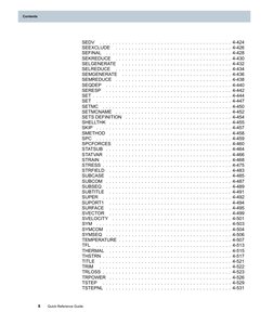Contents
SEDV
. . . . . . . . . . . . . . . . . . . . . . . . . . . . . . . . . . . . . . . . . 4-424
SEEXCLUDE
. . . . . . .