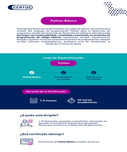 Línea de Especialización:
 Python
El programa busca que el participante sea capaz de aplicar las sentencias y 
sintaxis del l