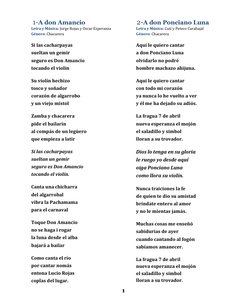 1 
1-A don Amancio 
Letra y Música: Jorge Rojas y Oscar Esperanza 
Género: Chacarera 
Si las cacharpayas 
sueltan un gemir