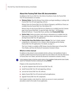 FACTORYTALK VIEW SITE EDITION INSTALLATION GUIDE
2
•  •  •  •  •
About the FactoryTalk View SE documentation
In addition to t