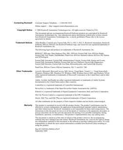 Contacting Rockwell
Customer Support Telephone — 1-440-646-3434
Online support — http://support.rockwellautomation.com
Copyri