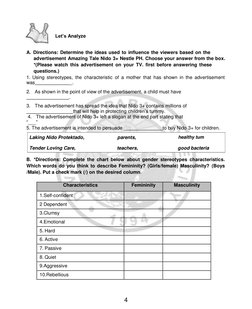 4 
 
Laking Nido Protektado, 
parents, 
healthy tum 
Tender Loving Care, 
teachers, 
good bacteria 
 
 
Let’s Analyze 
 
 
A.