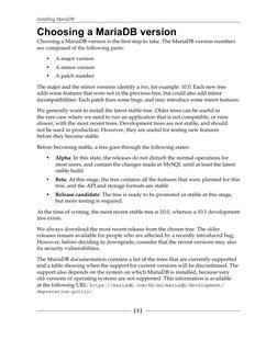 Installing MariaDB
[ 2 ]
Choosing a MariaDB version
Choosing a MariaDB  version is the ﬁ rst step to take. The MariaDB versio