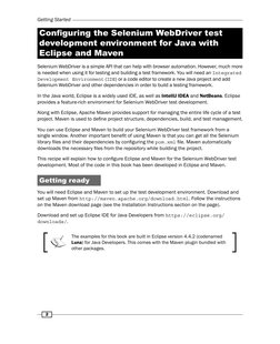 Getting Started
2
Conﬁ guring the Selenium WebDriver test 
development environment for Java with 
Eclipse and Maven
Selenium