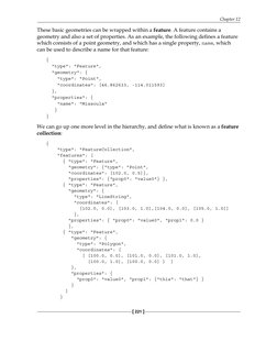 Chapter 12
[ 221 ]
These basic geometries can be wrapped within a feature. A feature contains a 
geometry and also a set of p
