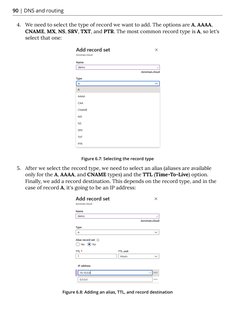90 | DNS and routing
4.	 We need to select the type of record we want to add. The options are A, AAAA, 
CNAME, MX, NS, SRV, T