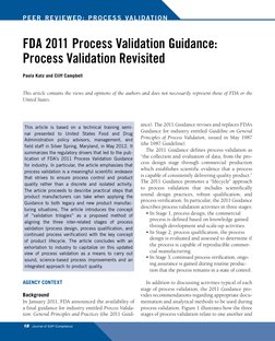 18   Journal of GXP Compliance
Peer  Re viewed:  Pro cess  Validation
AGENCY CONTEXT
 
Background
In January 2011, FDA announ