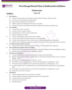 46
Mathematics
Class IX
Syllabus
1.
Real Numbers :
(i)
Concept of natural numbers, whole numbers, Integers, Rational Numbers,