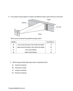 26 Four people of equal weight on a beach use different routes to get to the top of a sea wall.
beach
slipway
ladder
sea wall