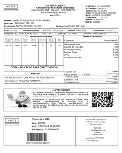 FACTURA CREDITO
Administración Nacional de Electricidad
Avda. España 1268 - Asunción - RUC 80009735-1
Factura de Energía Eléc