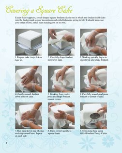 4
1. Prepare cake (steps 1-4 on 
page 2).
2. Carefully drape fondant 
sheet over cake.
3. Working quickly, begin to 
smooth t