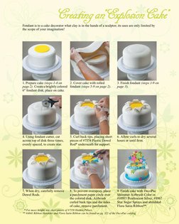 7
1. Prepare cake (steps 1-4 on 
page 2).  Create a brightly colored
6" fondant disk; place on cake. 
2. Cover cake with roll