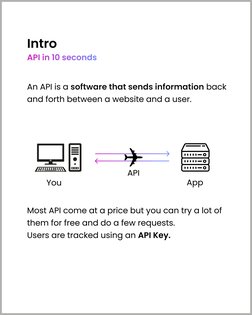 Intro
API in 10 seconds
An API is a 
 back 
and forth between a website and a user.








Most API come at a price but you
