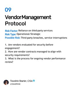 09
VendorManagement 
Protocol
Reliance on third-party services 
Operational/Strategic
Third-party breaches, service interrupt