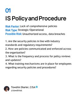 01
IS PolicyandProcedure
Lack of comprehensive policies 
Strategic/Operational
Unauthorized access, data breaches
1. Are the