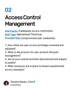 02
AccessControl 
Management
Inadequate access restrictions 
Operational/Technical
Compromised user credentials
1. How often