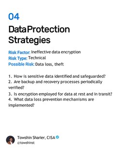 04
DataProtection 
Strategies
Ineffective data encryption 
Technical
Data loss, theft
1. How is sensitive data identified and