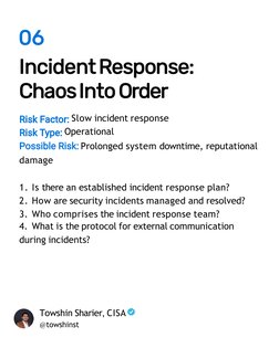06
IncidentResponse: 
ChaosIntoOrder
Slow incident response 
Operational
Prolonged system downtime, reputational
damage
1. Is