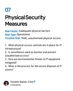 07
PhysicalSecurity 
Measures
Inadequate physical barriers 
Operational
Theft, unauthorized physical access
1. What physical