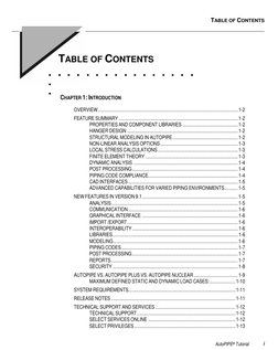 TABLE OF CONTENTS 
 
 
AutoPIPE® Tutorial 
i 
TABLE OF CONTENTS 
 
CHAPTER 1: INTRODUCTION 
OVERVIEW.........................