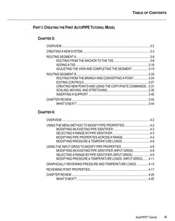 TABLE OF CONTENTS 
 
 
AutoPIPE® Tutorial 
iii 
 
PART I: CREATING THE FIRST AUTOPIPE TUTORIAL MODEL 
CHAPTER 3: 
OVERVIEW..