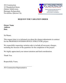 3FJ Construction
19 Thunderbird Street, 
Zabarte Subdivision, 
Barangay Kaligayahan, 
Novaliches, Quezon City
REQUEST FOR VAR