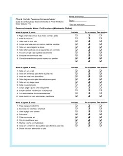 PHYSICAL DEVELOPMENT CHECKLIST
(The Frost-Wortham Developmental Checklist)
Gross and Fine Motor
Motor Development: Preschool