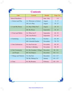 v
School Readiness
June - July
1-8
1. School and Play
1A. Welcome to School
August
9 - 17
1B. Let’s Play
August
18 - 27
2. I