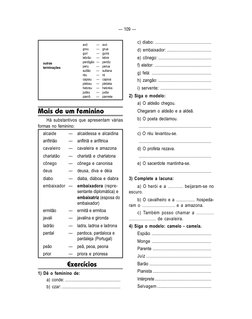 — 109 —
Mais de um feminino
Há substantivos que apresentam várias
formas no feminino:
alcaide
—
alcaidessa e alcaidina
anfitr