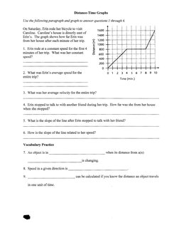 Distance-Time Graphs
Use the following paragraph and graph to answer questions 1through 6.
On Saturday, Erin rode her bicycle