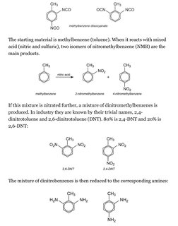 The starting material is methylbenzene (toluene). When it reacts with mixed
acid (nitric and sulfuric), two isomers of nitrom