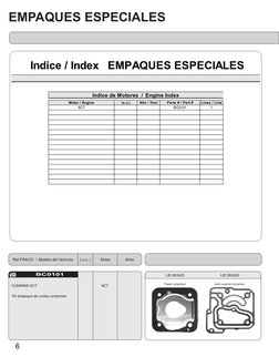 EMPAQUES ESPECIALES
6
LB1363420
LB1363430
Flaper compresor
parte superior compresor
CUMMINS 6CT
6CT
BC0101
Kit empaque de cul
