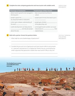 D 	 Complete the notes comparing geotourism and mass tourism with suitable words.
Advantages of Geotourism
Disadvantages of M