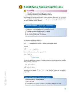 © 2001 McGraw-Hill Companies
707
Simplifying Radical Expressions
9.2
9.2
OBJECTIVES
1. Simplify expressions involving numeric