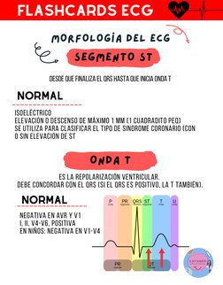 MORFOLOGÍA DEL ECG
SEGMENTO ST
FLASHCARDS ECG
FLASHCARDS ECG
Desde que finaliza el QRS hasta que inicia onda T
ISOELÉCTRICO
E