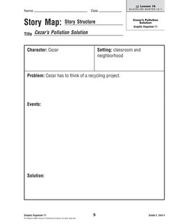 Story Map: 
Title 
Story Structure
Cezar’s Pollution Solution
Character: Cezar
Setting: classroom and 
neighborhood
Problem: