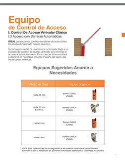 Equipo
de Control de Acceso
7
I. Control De Acceso Vehicular Clásico
I.3 Acceso con Barreras Automáticas
Equipos Sugeridos Ac