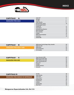 Mangueras Especializadas S.A. De C.V. 
INIDICE
Estilo DA 
DA ligera 
Aquaflex 
Super Aquaflex 
PVC Descarga L 204 B
PVC Desca