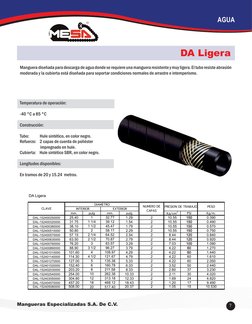 7
Mangueras Especializadas S.A. De C.V. 
AGUA
Manguera diseñada para descarga de agua donde se requiere una manguera resisten