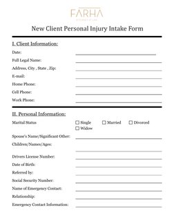 New Client Intake Form
I. Client Information:
Date:
Full Legal Name:
Address, City , State , Zip:
E-mail:
Home Phone:
Cell Ph