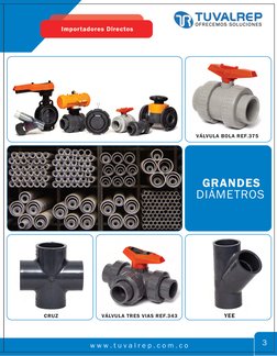 w w w . t u v a l r e p . c o m . c o
3
Importadores Directos
VÁLVULA BOLA REF.375
DIÁMETROS
GRANDES
CRUZ
VÁLVULA TRES VIAS R