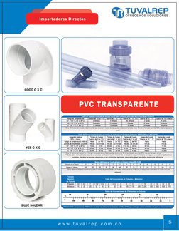 w w w . t u v a l r e p . c o m . c o
5
Importadores Directos
CODO C X C
YEE C X C 
BUJE SOLDAR
PVC TRANSPARENTE
